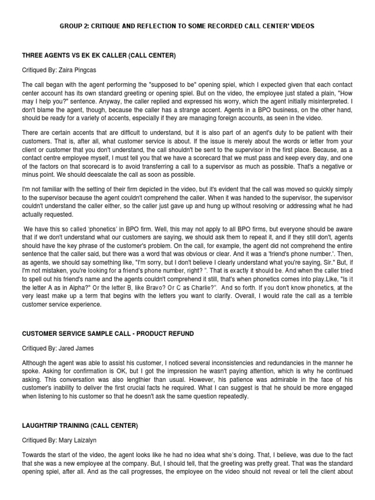 Group 2 Reflection Critique | PDF | Call Centre