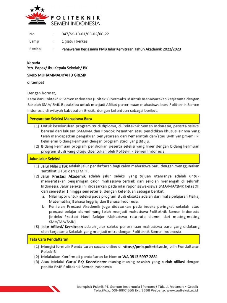 Penawaran Kerjasama PMB Jalur Kemitraan Tahun Akademik 2022/2023 | PDF ...