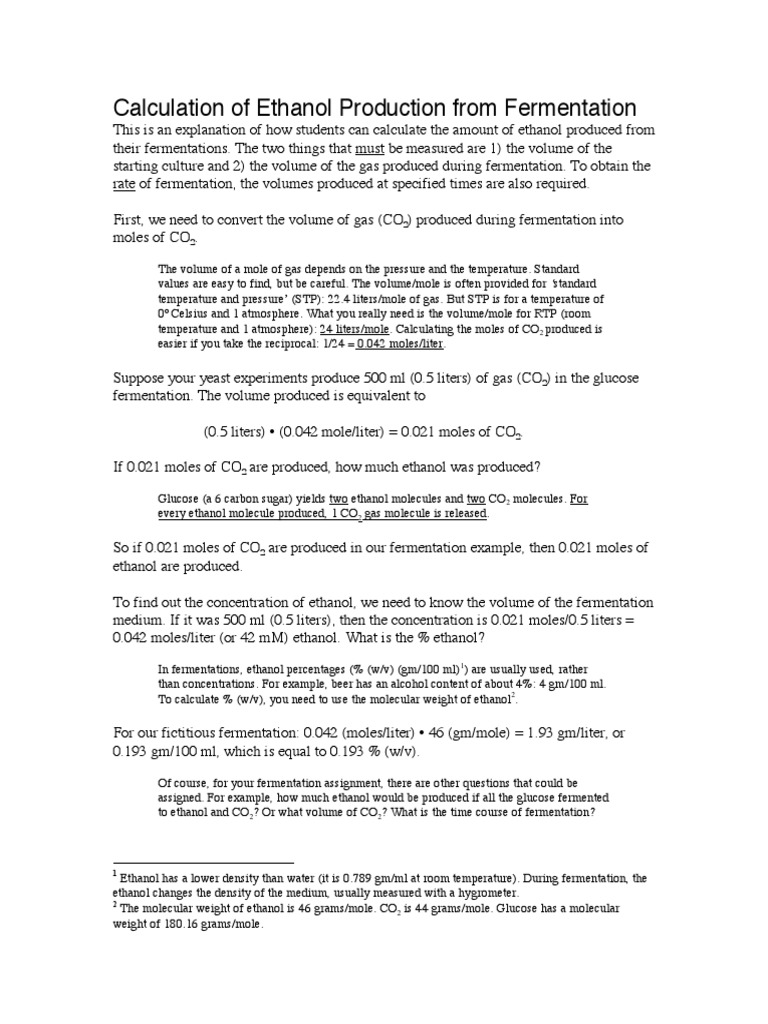 Ethanol Production by Fermentation-Calculations | PDF | Mass ...