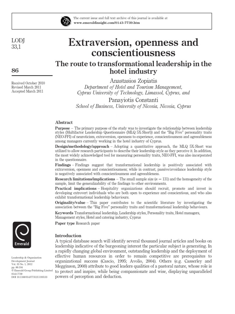 Extraversion Openness And Pdf Leadership Transformational Leadership