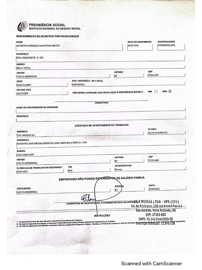 DUT:Requerimento de Beneficio Por Incapacidade. | PDF