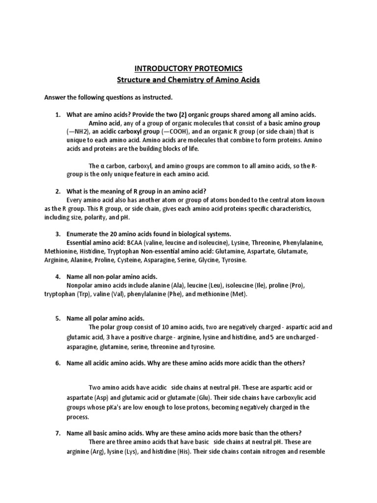 CDU BIOCHEMISTRY Proteomics Amino Acids WORKSHEET | PDF | Amino Acid ...