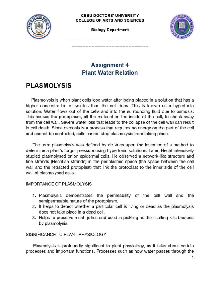 Botany Plant Water Relation Plasmolysis Answer Worksheet PDF