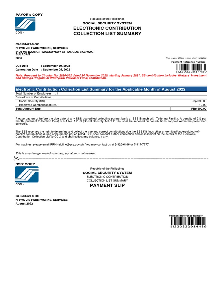 Electronic contribution collection list summary pdf social security
