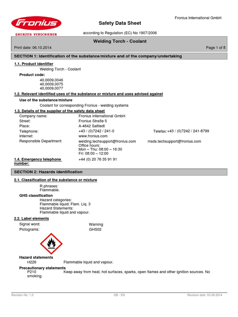 Safety Data Sheet Welding Torch Coolant PDF Dangerous Goods
