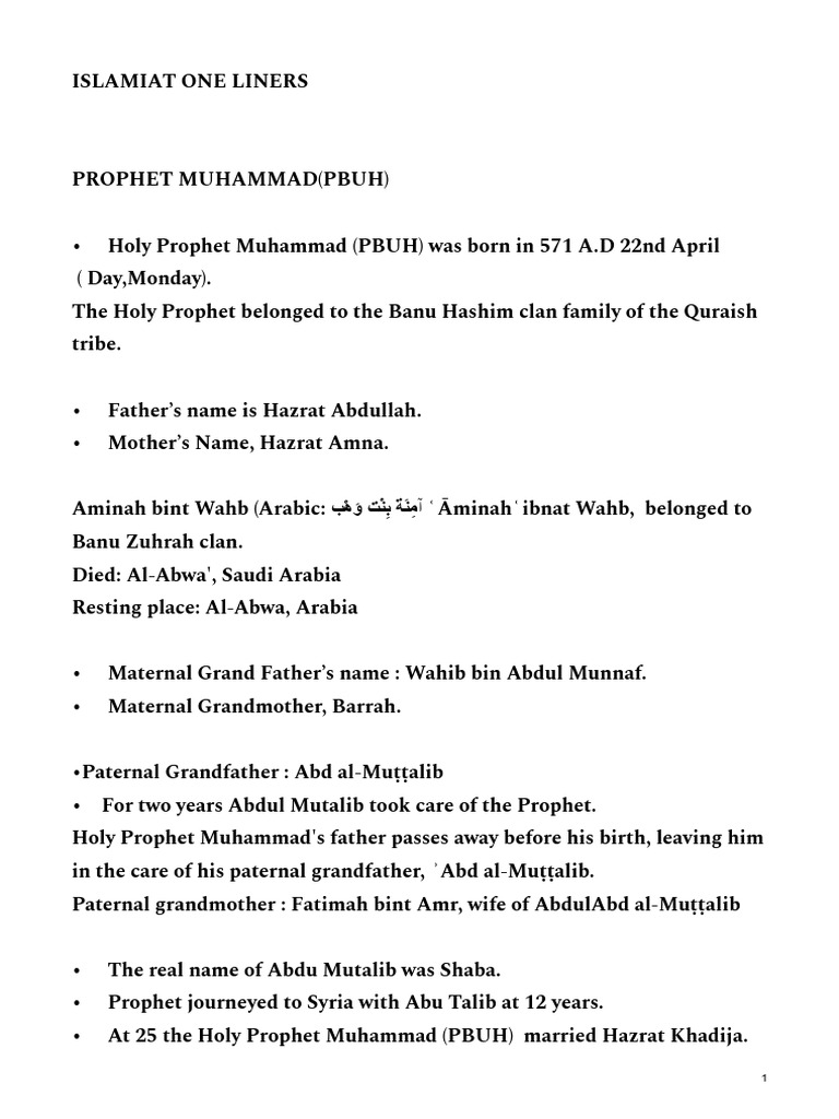 One-Liners on Prophet Muhammad (PBUH) | PDF | Muhammad | Surah
