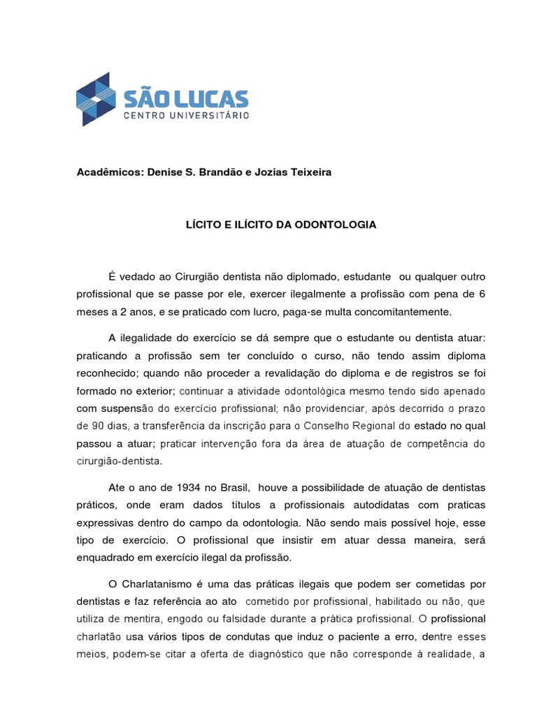Lícito e Ilícito na Odontologia | PDF | Odontologia | Direito Penal