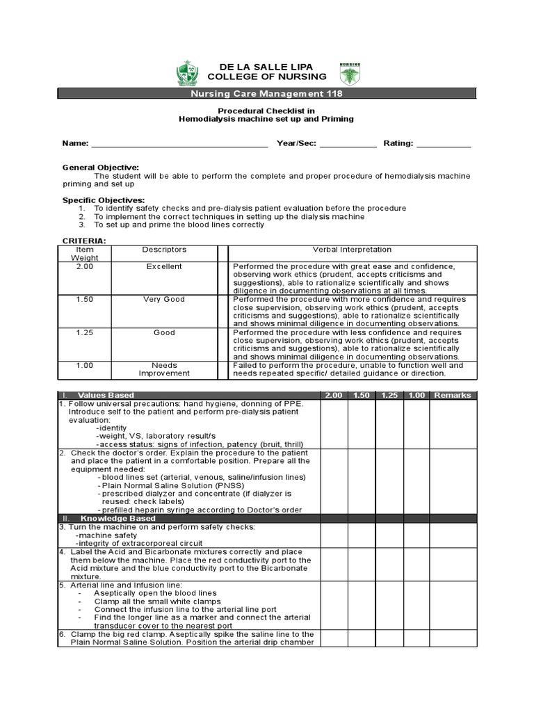 HD priming checklist 2022.docx PDF Hemodialysis Intravenous Therapy