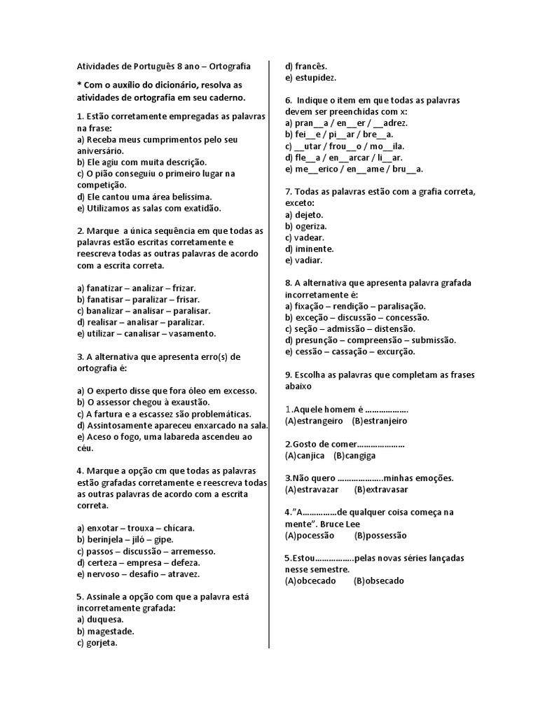 Atividades de Português 8 Ano | PDF