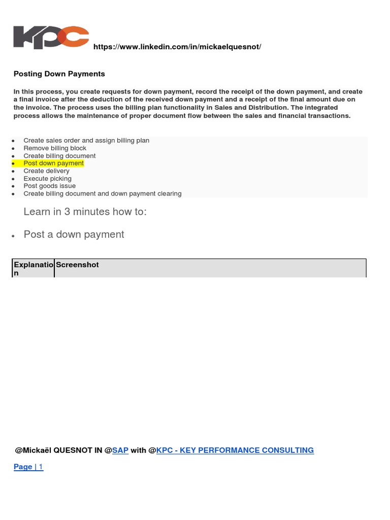 SAP Down Payment Posting Tutorial | PDF | Receipt | Payments