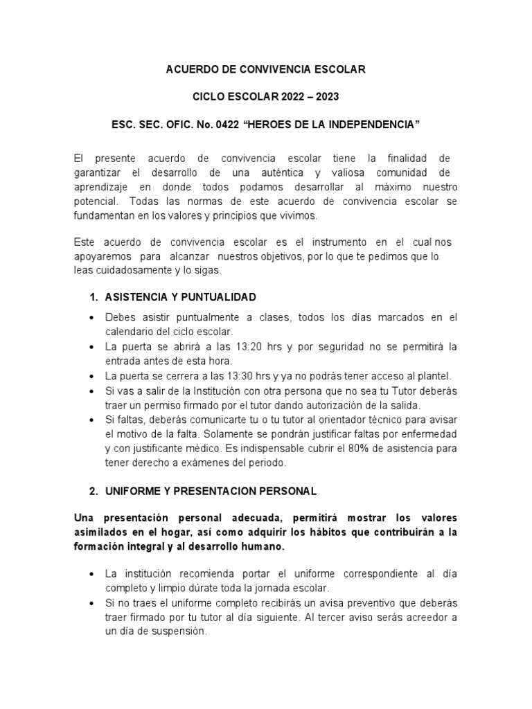 Acuerdo De Convivencia Escolar Pdf