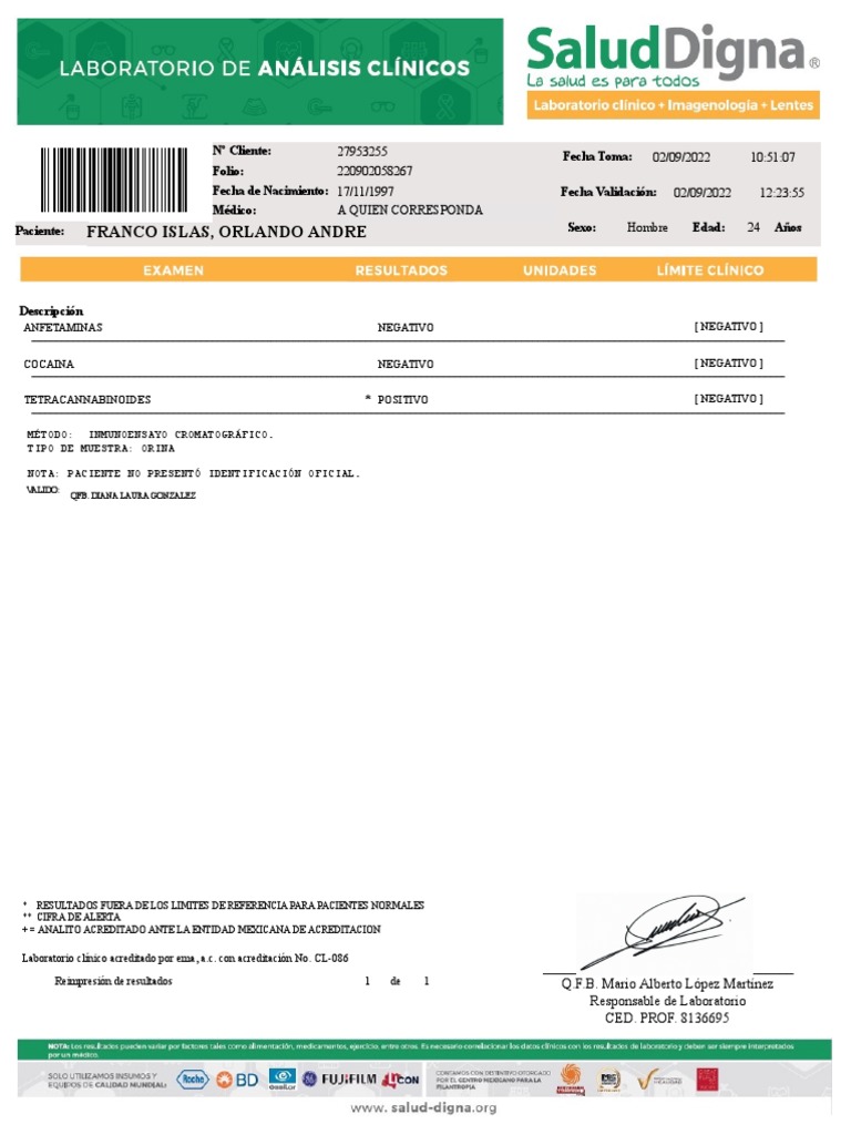 Resultados de prueba de detección de drogas para Orlando Franco Islas ...