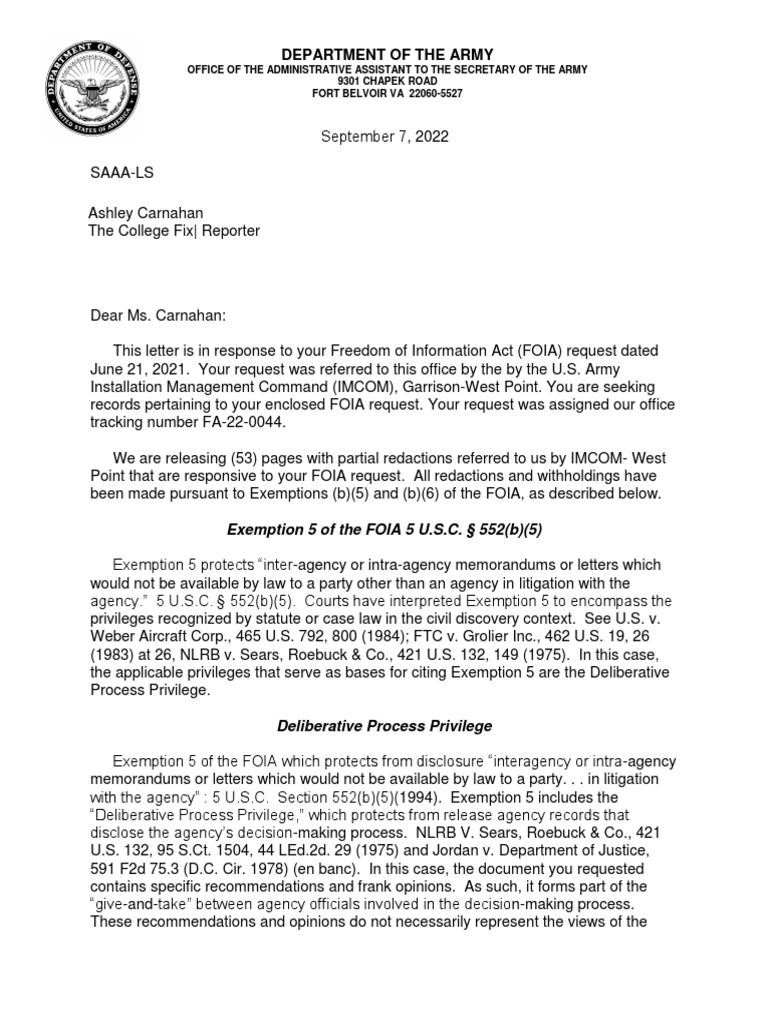 FOIA Response on West Point Records | PDF | Freedom Of Information Act ...