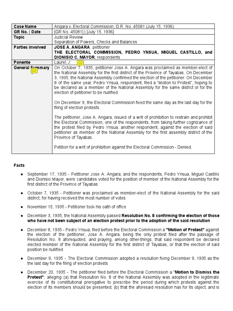Angara v. Electoral Commission Case Summary | PDF | Judge | Separation ...
