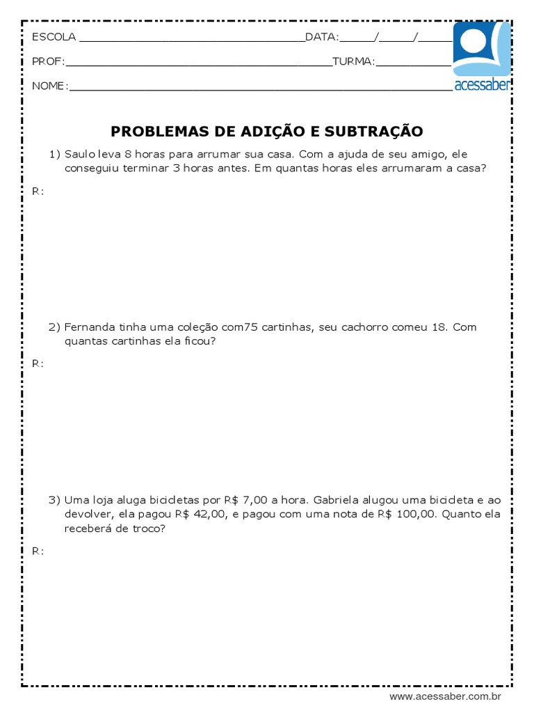 Atividade de Matematica Problemas de Adicao e Subtracao 4 Ano | PDF