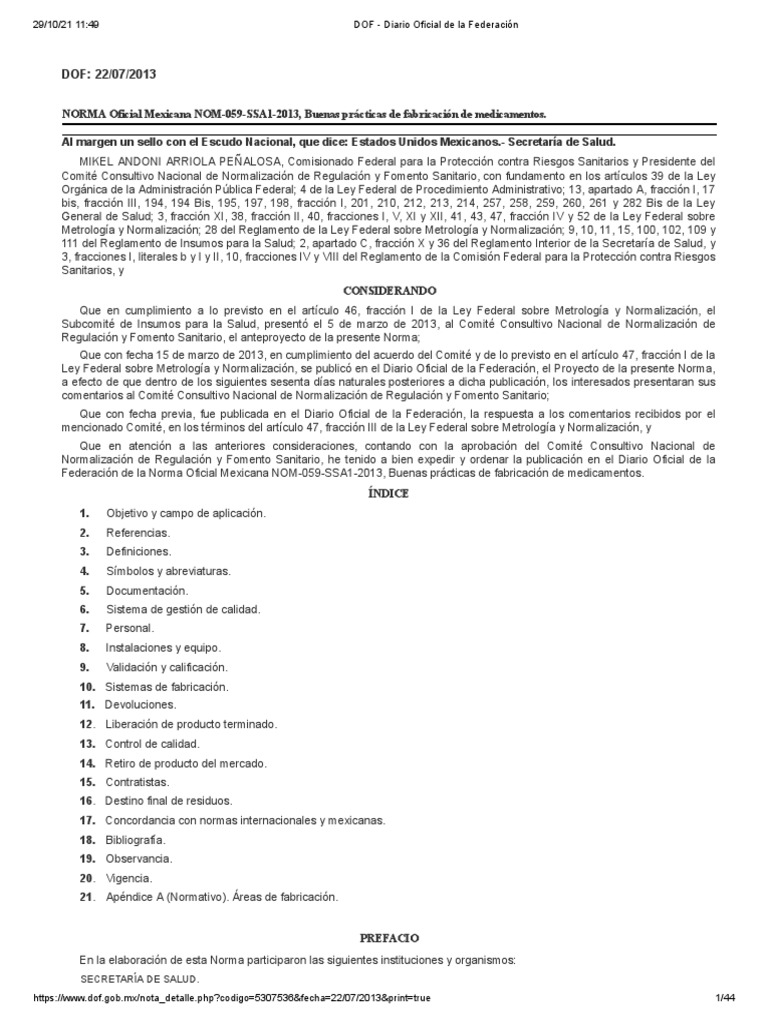 Nom 059 Ssa1 2013 | PDF | Calidad (comercial) | Industria farmacéutica