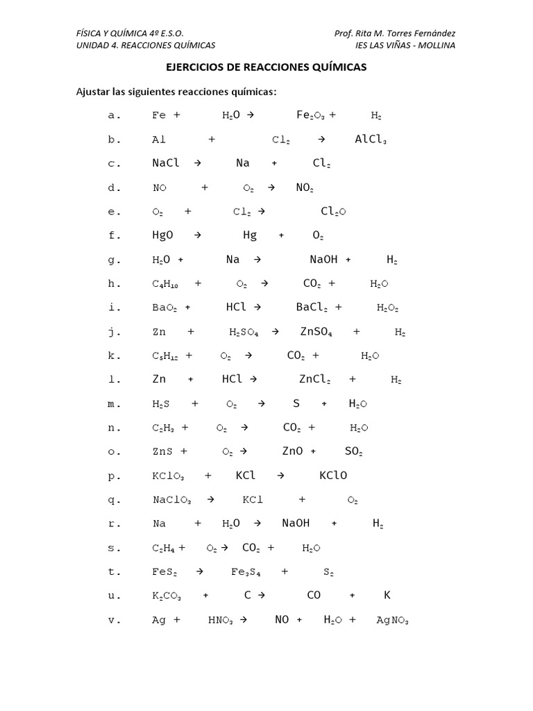 EJERCICIOS AJUSTE REACCIONES QUIMICAS 4º ESO PDF