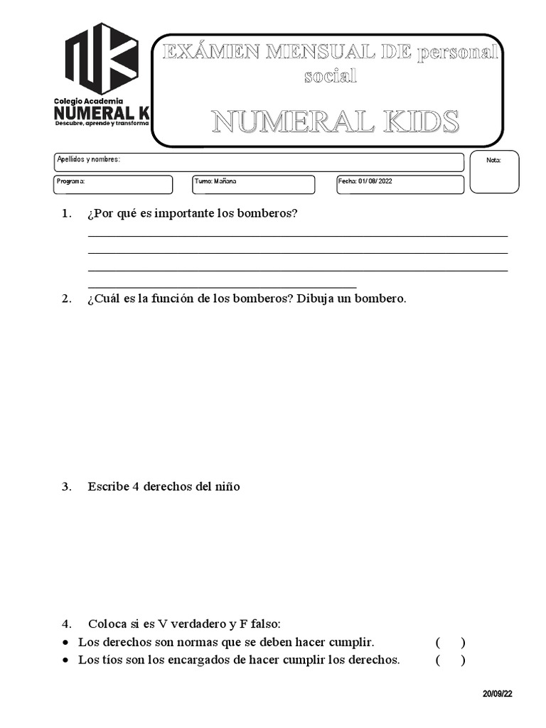 Examen de Personal Social para Niños | PDF | Juegos y actividades ...