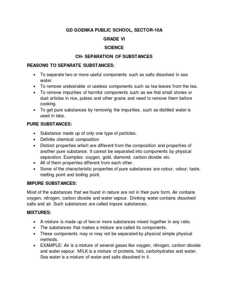 Separation of Substances Notes Grade 6 | PDF | Filtration | Solubility