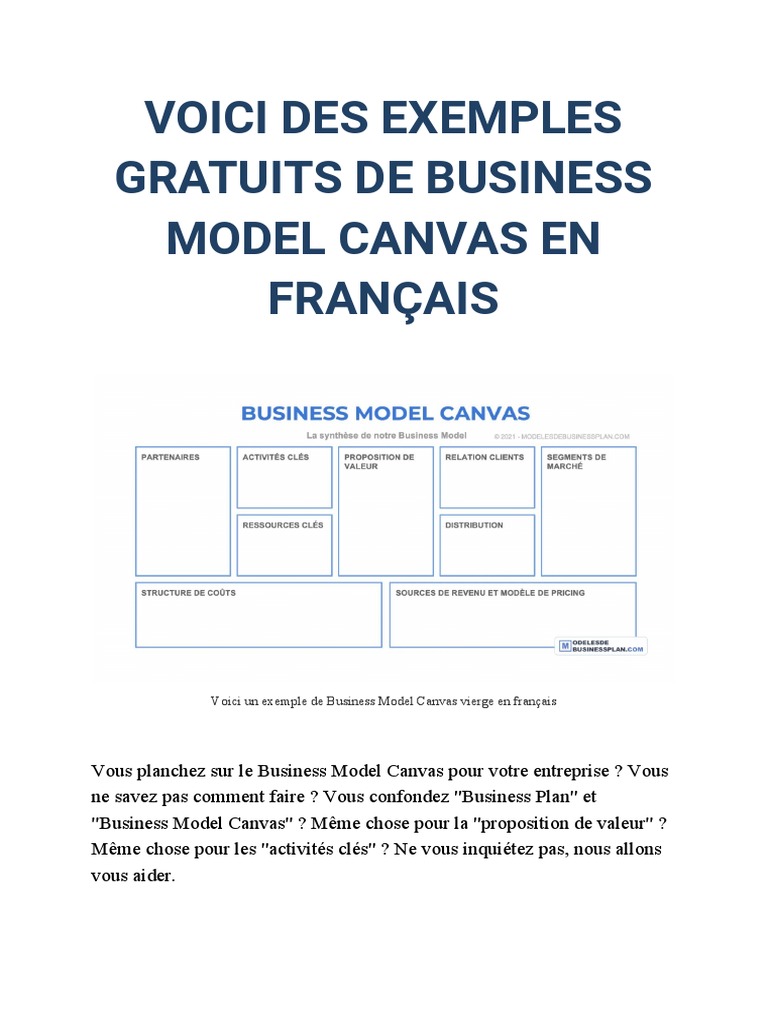 Exemples gratuits de Business Model Canvas | PDF | Plan d'affaires ...