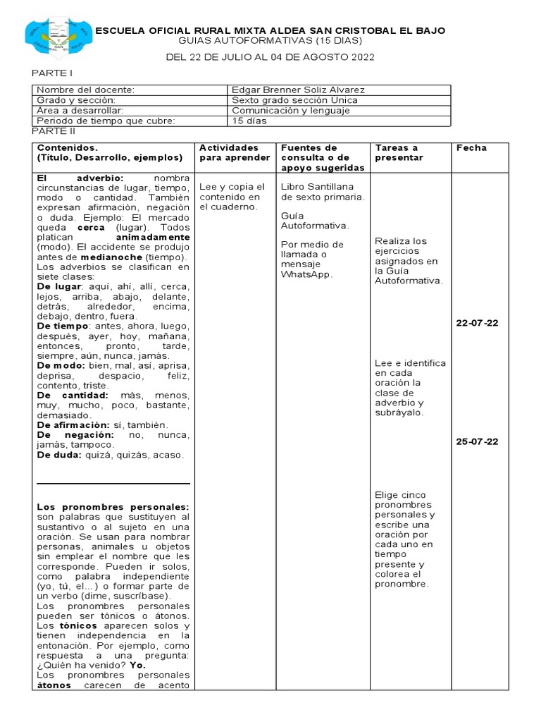 1 Planificacion Quincenal Tercer Bloque PDF Adverbio Maestros