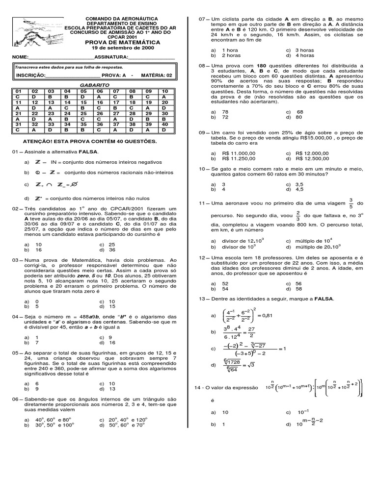 40 Questões Matemática Pdf