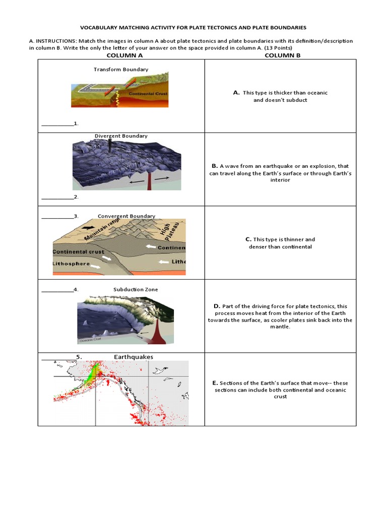 Matching Activity and Table for Key Concepts in Plate Tectonics PDF
