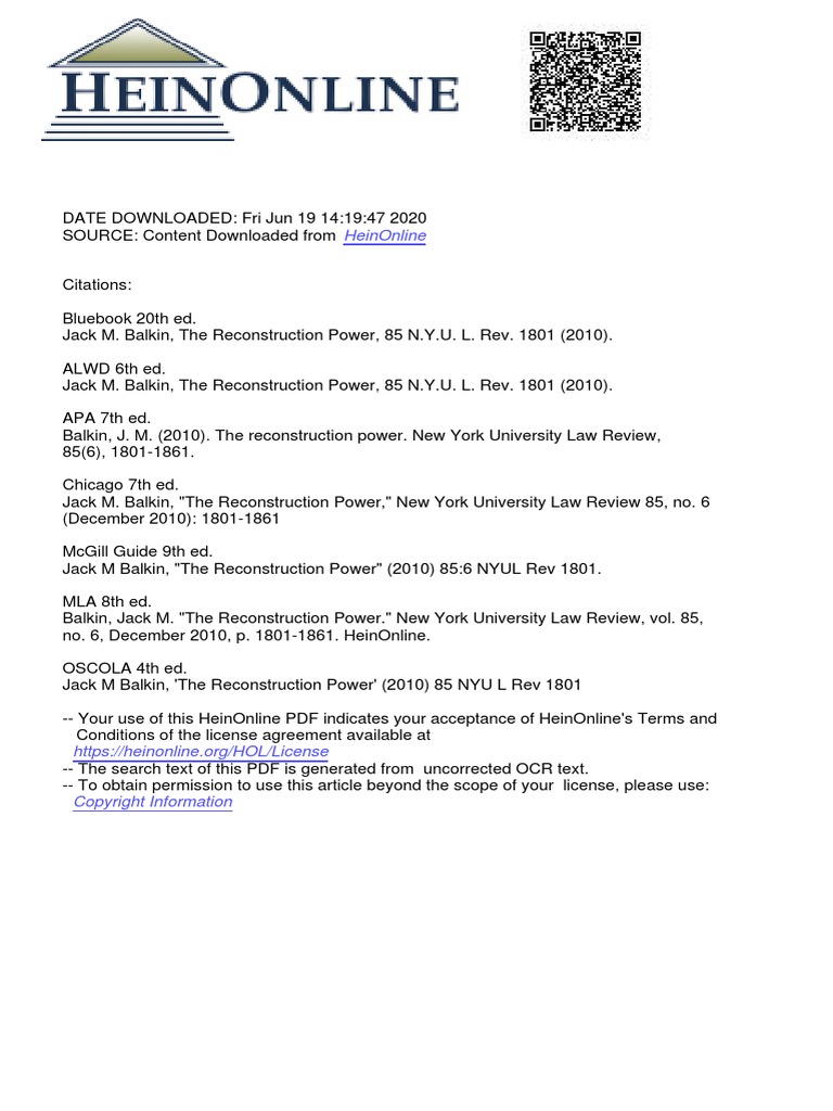 BALKIN, Jack M. The Reconstruction Power | Download Free PDF ...
