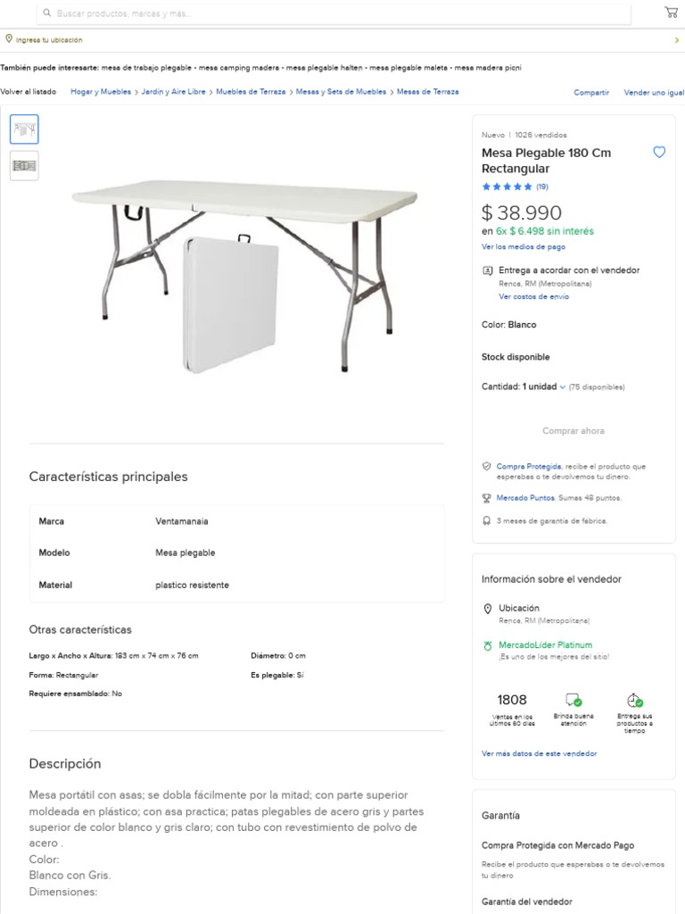 Mesa Plegable Halten Rectangular Tipo Maleta 180 Cm Blanca