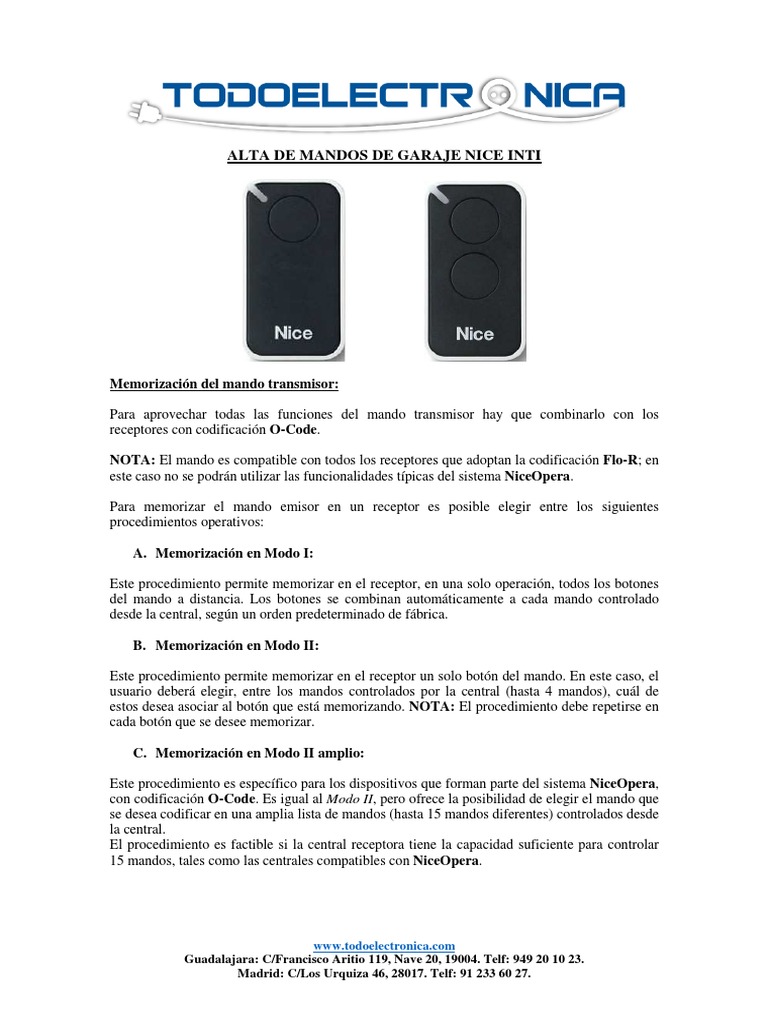Alta de Mandos de Garaje NICE INTI, PDF, Informática