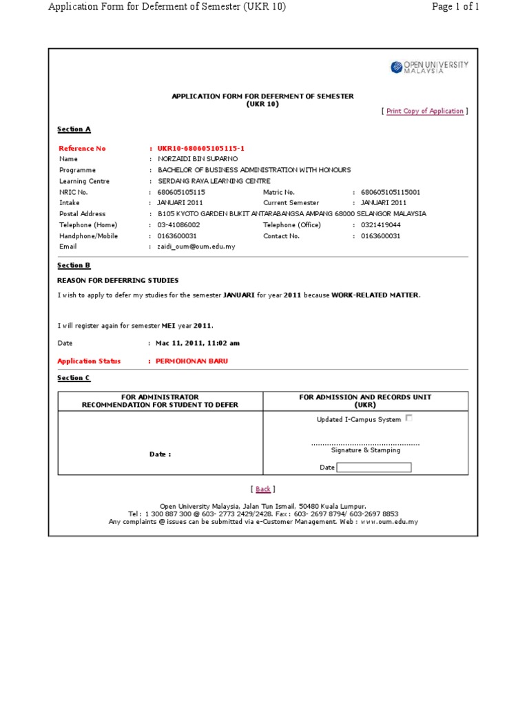 Semester Deferment Application Form | PDF