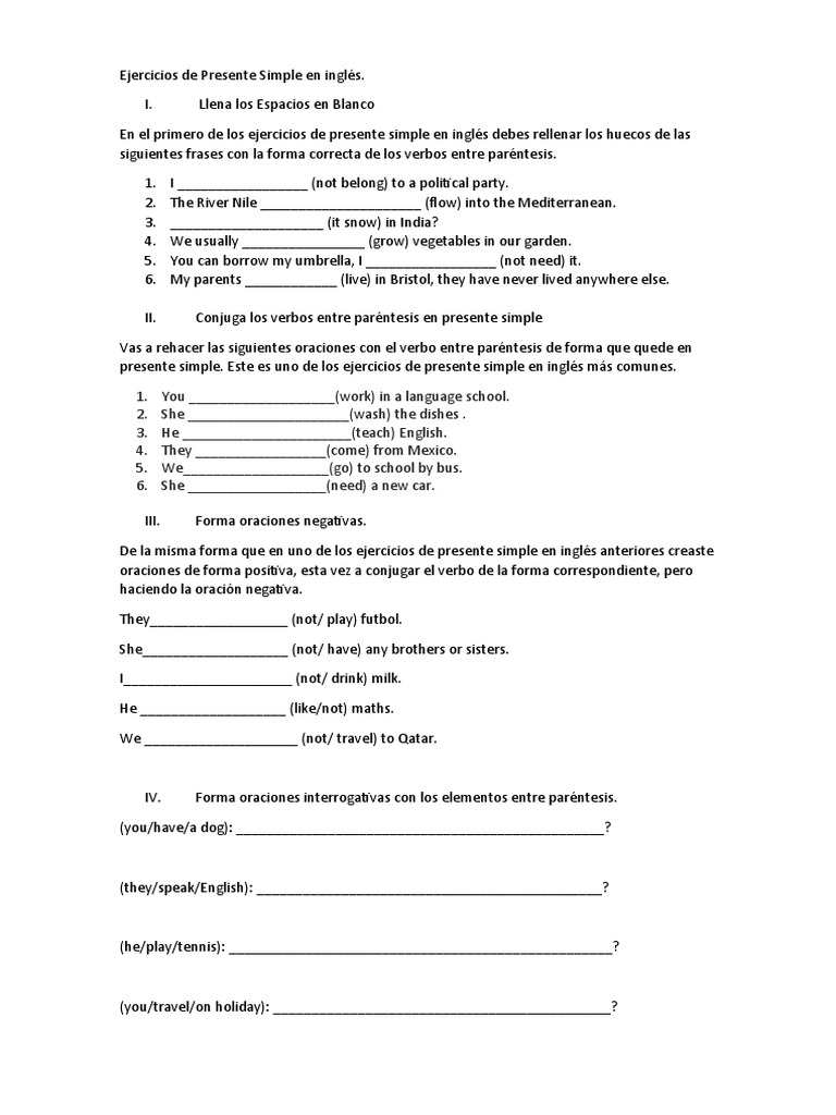 Ejercicios de Presente Simple en Inglés | PDF | Artes del Lenguaje y ...