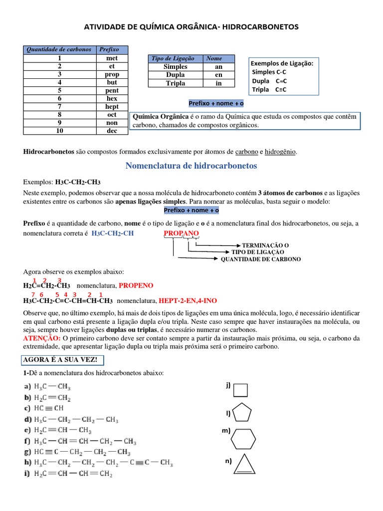 Atividade Hidrocarbonetos 3°ano | PDF | Ligação química | Carbono