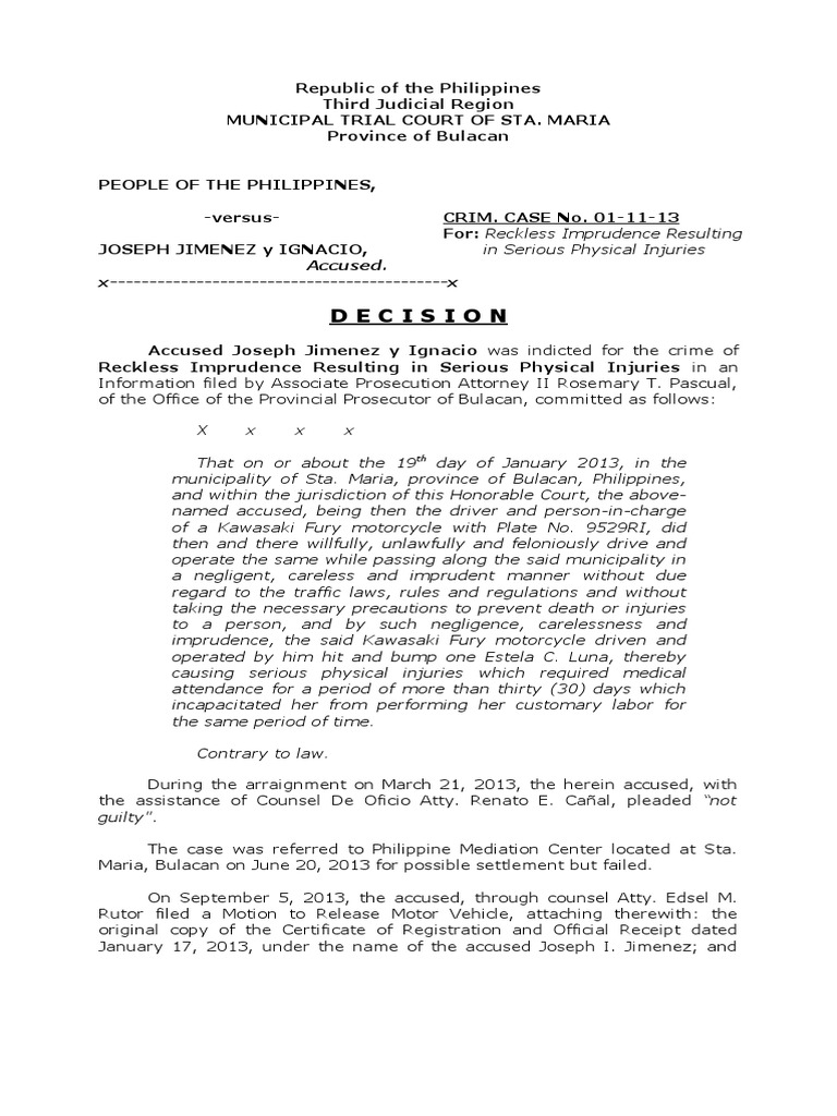 Sample Decision Reckless Imprudence Resulting in Serious Physical