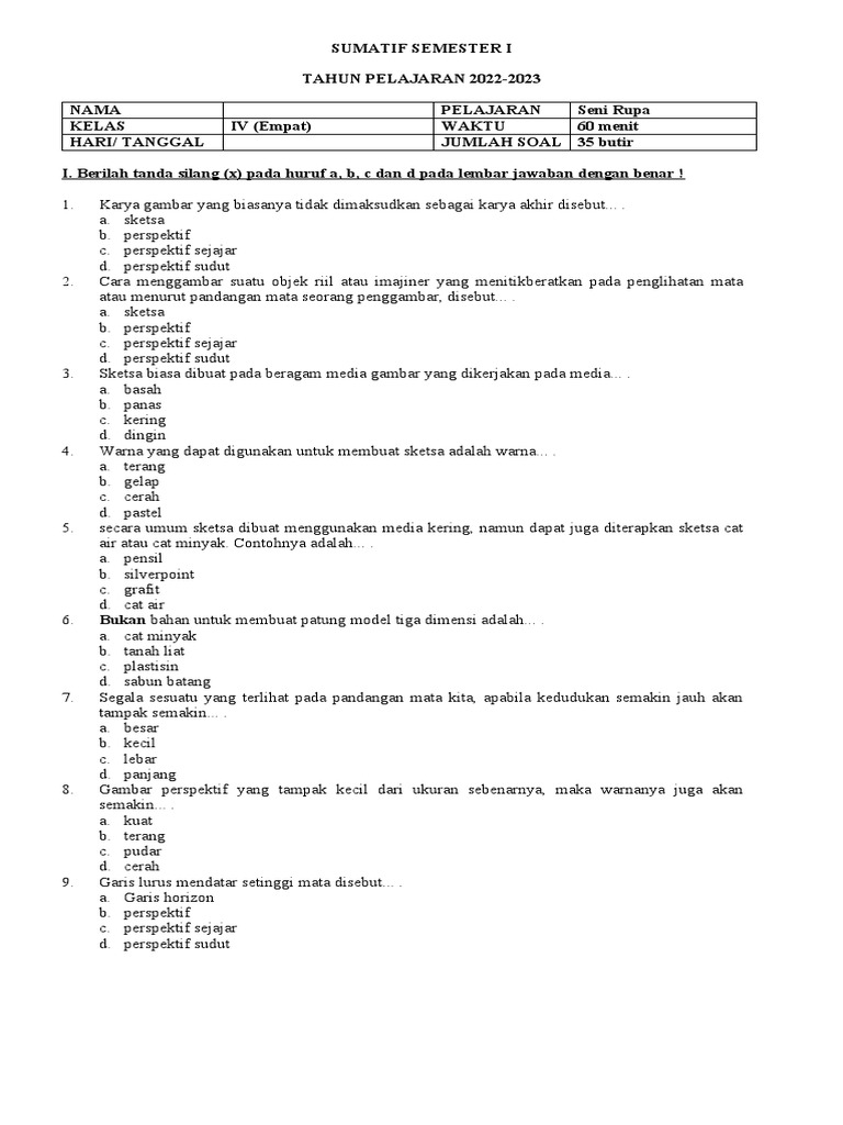 Soal Sumatif Seni Rupa Bab 1 Kelas 4 Kamis 11 8 2022 Print Pdf
