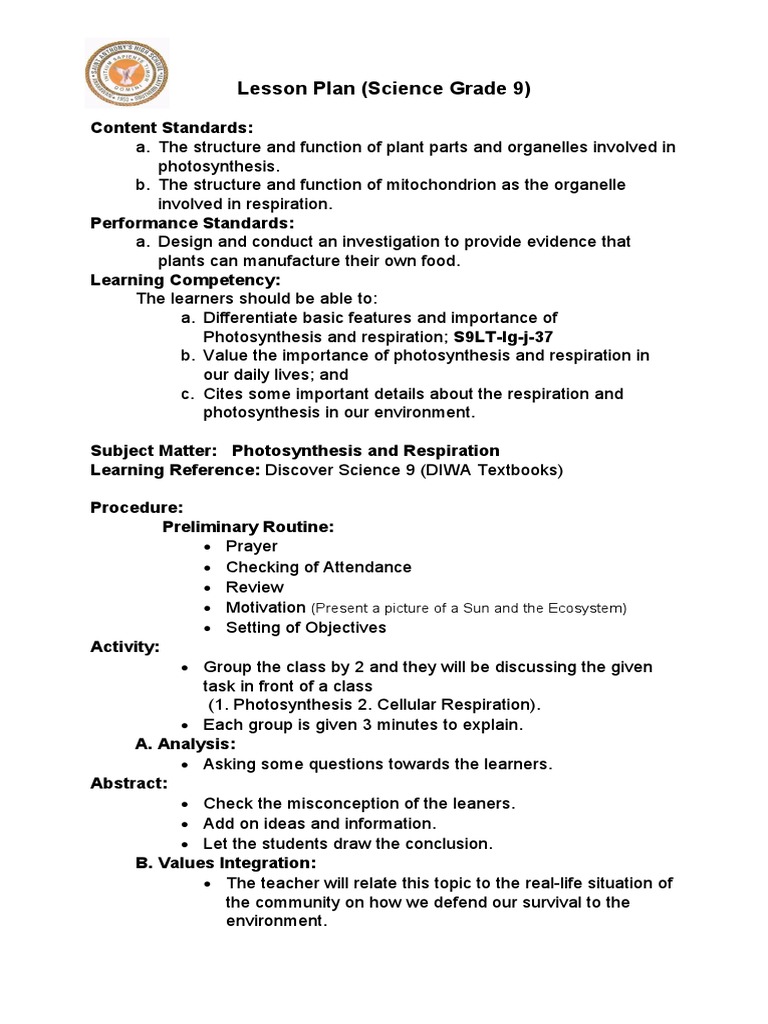 Grade 9 Science Lesson Plan: Photosynthesis | PDF | Learning | Lesson Plan