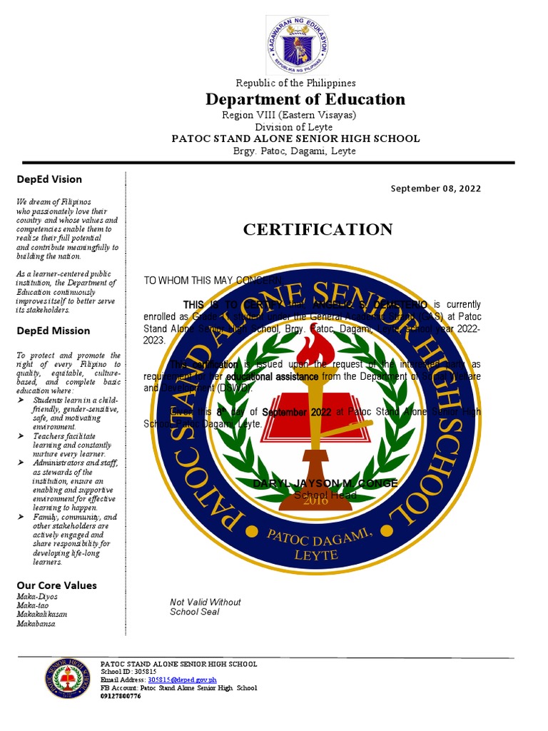 Certification DSWD Educational Assistance PDF Learning Cognition