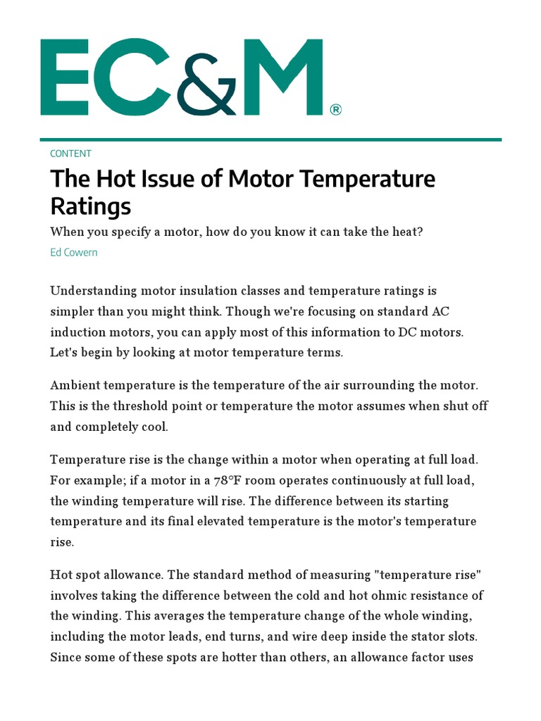 The Hot Issue of Motor Temperature Ratings Ed CowernEC&M PDF Electric Motor Building