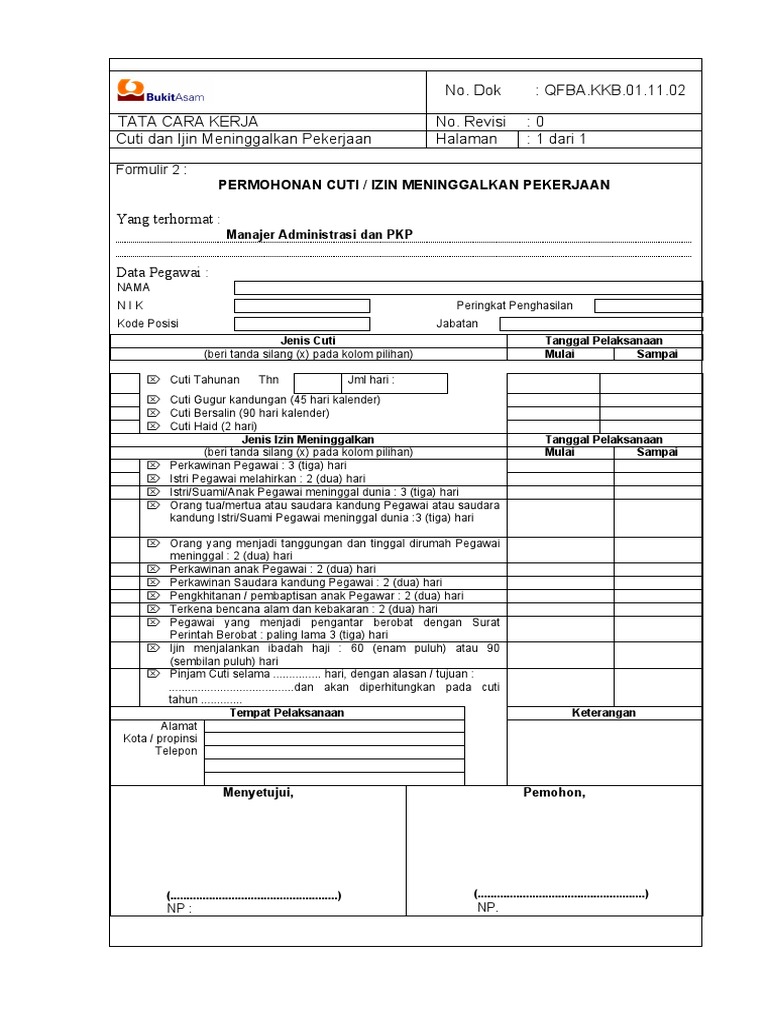 Formulir Cuti Tahunan Sdm Kantor Pdf