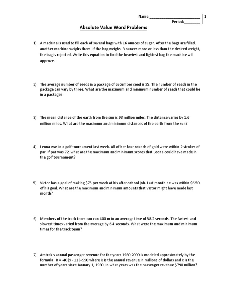 Absolute Value Word Problems Homework PDF Par (Score) Applied