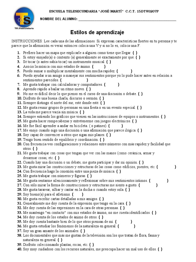 Test Estilos de Aprendizaje | PDF | Aprendiendo estilos | Ciencia cognitiva