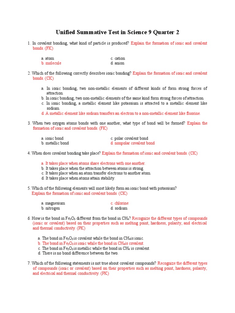 Understanding Bonding An Analysis of Ionic and Covalent Bonds through Multiple Choice Questions