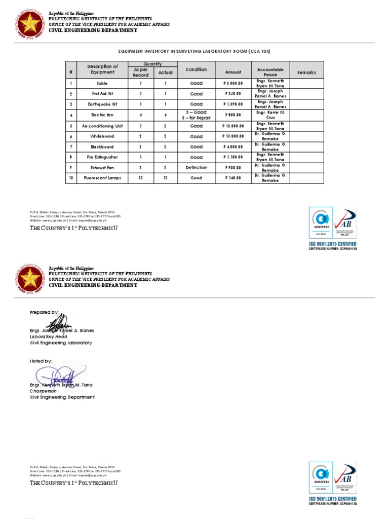 Ce Laboratory Inventory To Date PDF Equipment Manufactured Goods