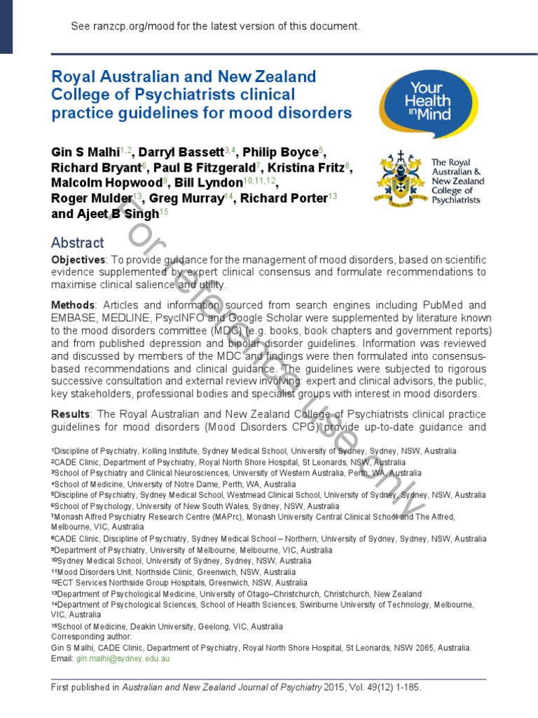 RANZCP clinical practice guidelines for mood disorders | PDF | Major ...