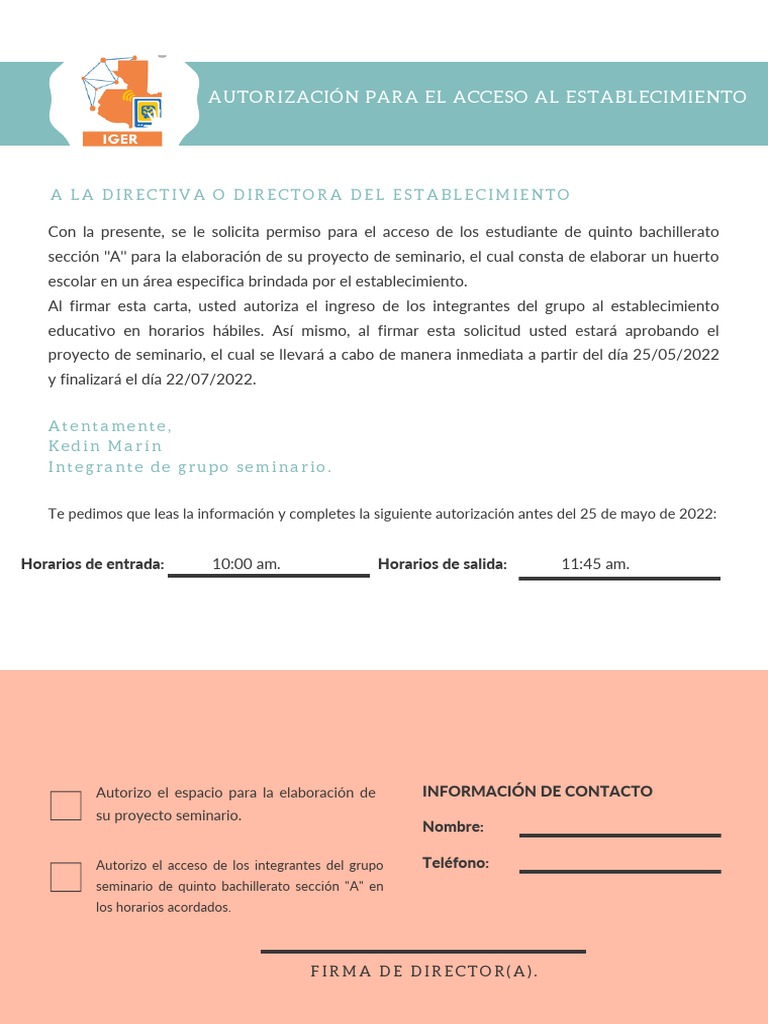 Verde Azulado Durazno Bonito Preescolar Autorización para Excursión ...