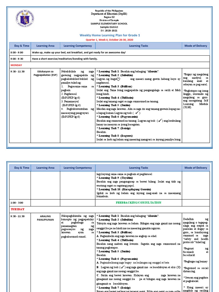 Grade 1 - All Subjects - WHLP - Q1 - W4 | PDF
