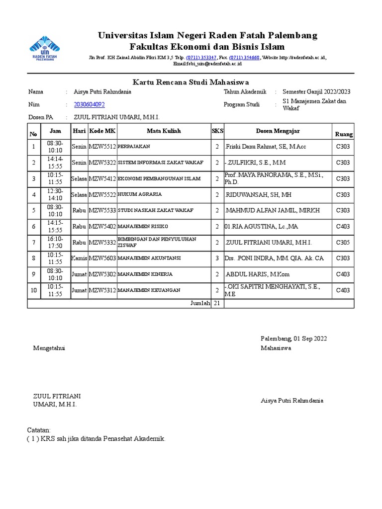 Kartu Rencana Studi S1 Manajemen Zakat | PDF
