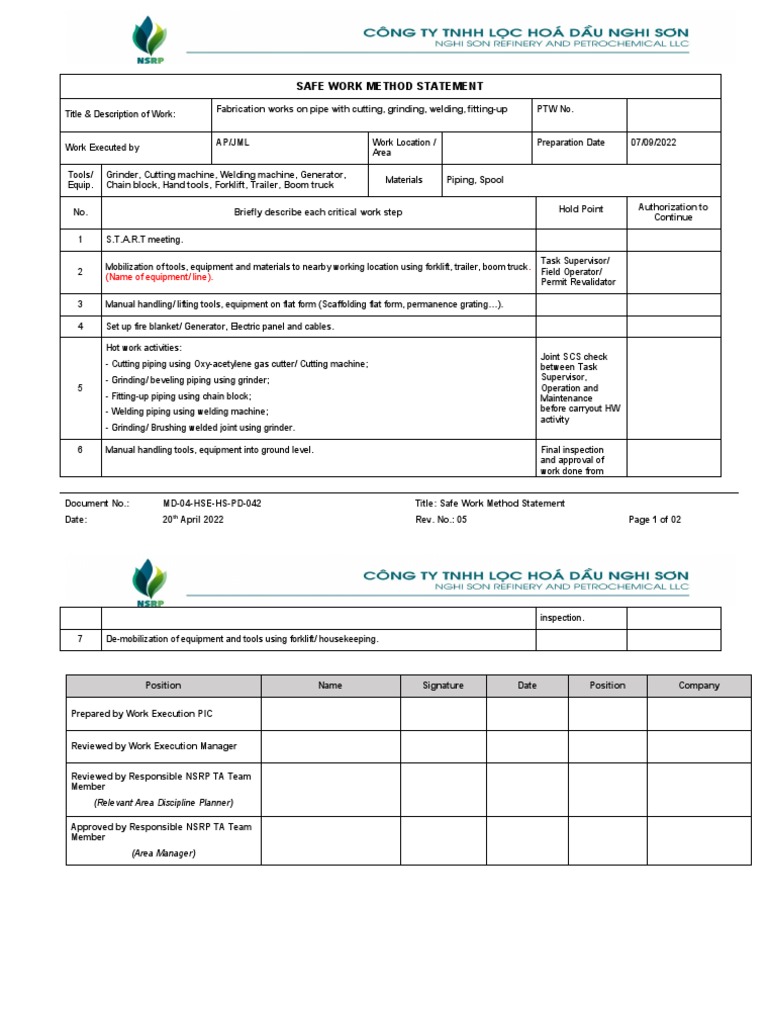 Safe Work Method for Pipe Fabrication | PDF | Economic Sectors ...