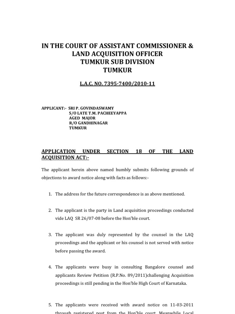 Petition under section 18 of land acquisition act to get enhancement of