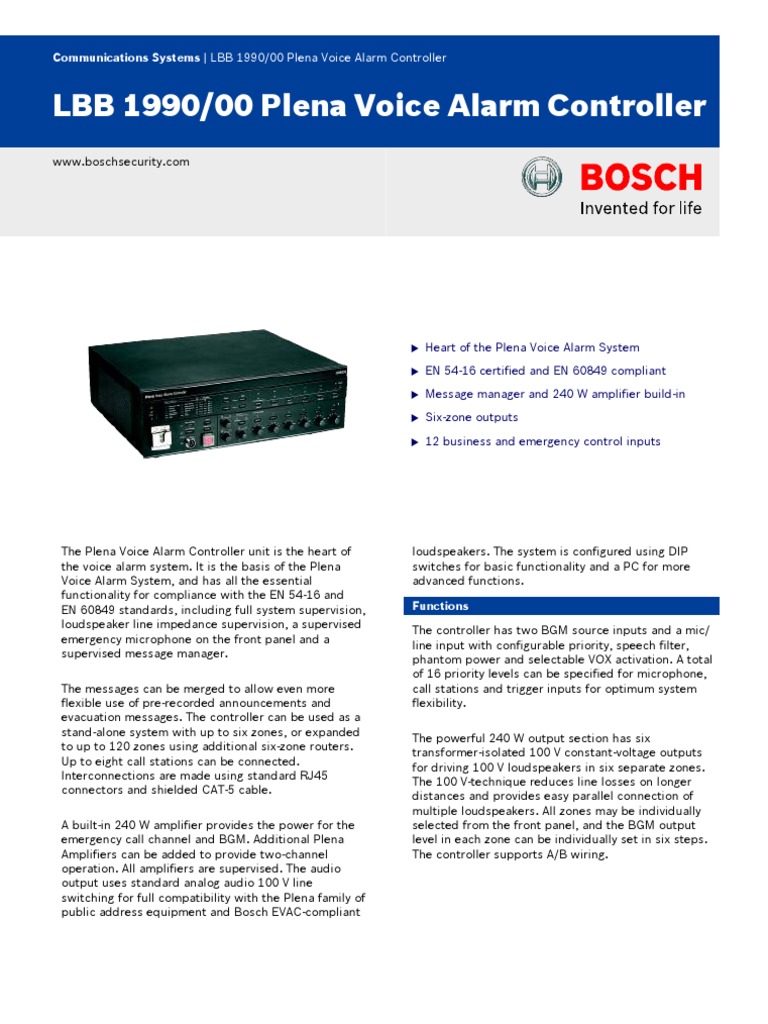 Bosch Plena Voice Alarm Controller LBB 1990 00 | PDF